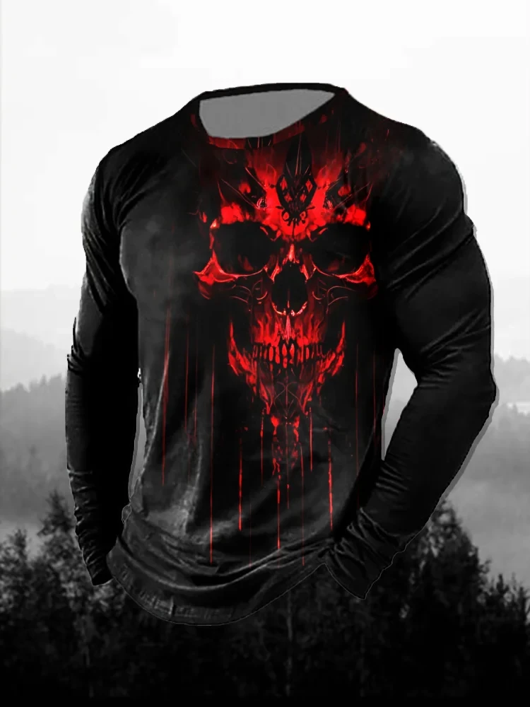 3D Printing Custom - เสื้อยืดแขนยาวผู้ชาย ลายพิมพ์ 3 มิติ หัวกะโหลกสีแดงเข้ม ลายหยด